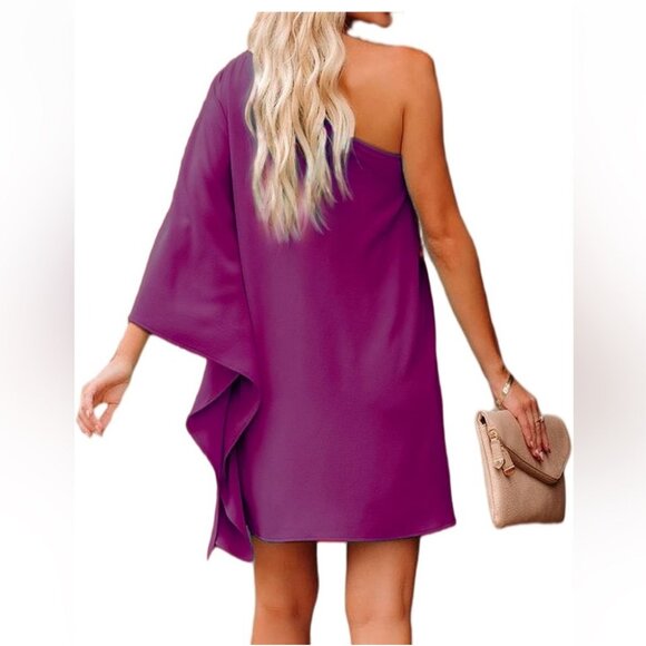 Magenta Women's One Shoulder Draped Dress - Picture 2 of 3